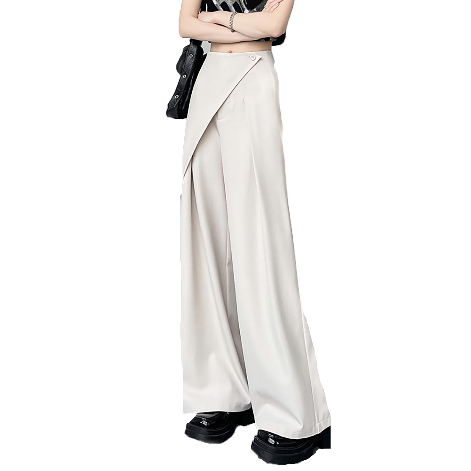 thumbnail image 2 of Pantalones casuales de pierna ancha para mujer - Pantalones de traje rectos de cintura alta - Material de poliéster - Para el trabajo, los negocios, el día a día - Cintura elástica en la parte trasera, 2 of 4